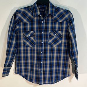Wrangler men’s western plaid snap&button down long sleeve blue shirt Size L